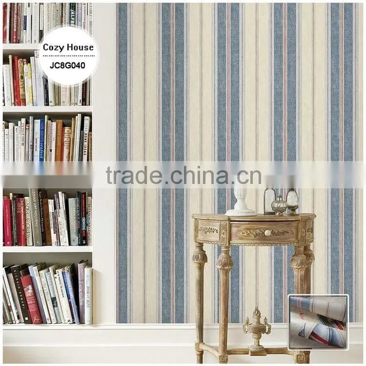 discounted printed vinyl coated wallpaper, navy blue neat wide stripe wall sticker for closet room , fancy wall mural roll