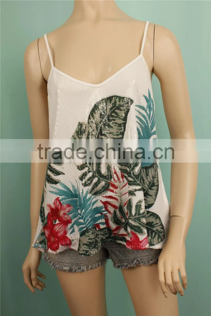 2016 S/S fashion design sleeveless front print ladys sequin tank top