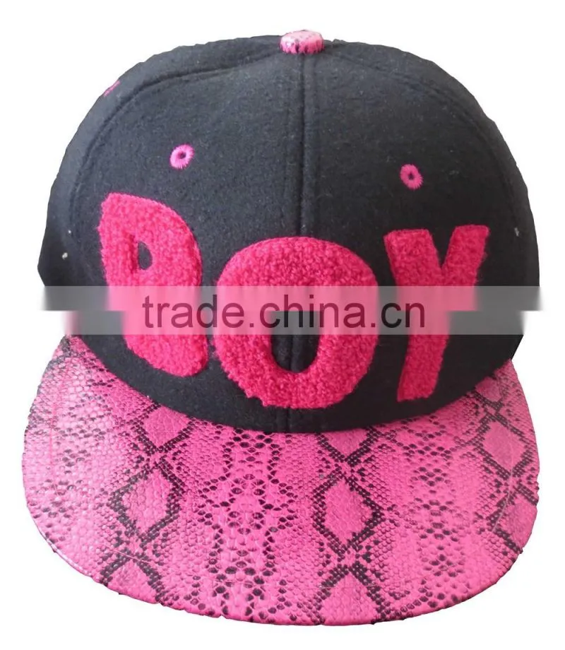 terry embroidery fake leather brim fashion flat brim hat,design snapback cap
