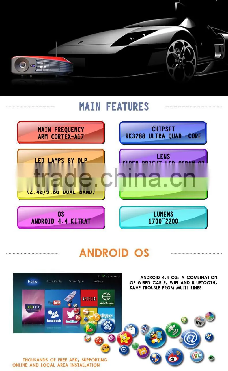 Android4.4 OS Ultra Quad Core DLP 3D Projector 1080P Infocus Projector