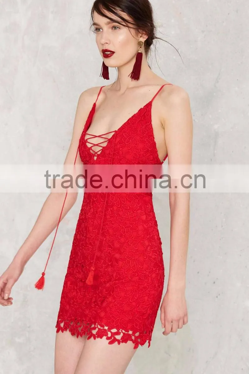 2016 OEM Service Sexy Cotton Tassel Backless Red Crochet Mini Dresses
