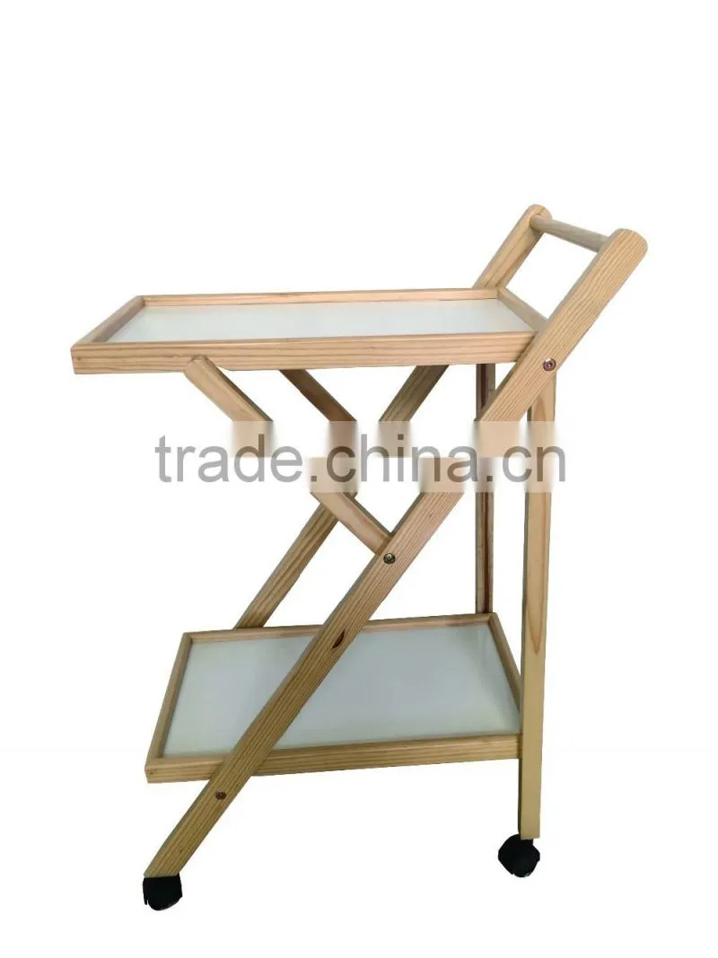 2 tiers storage pine wood hotel trolley room service cart