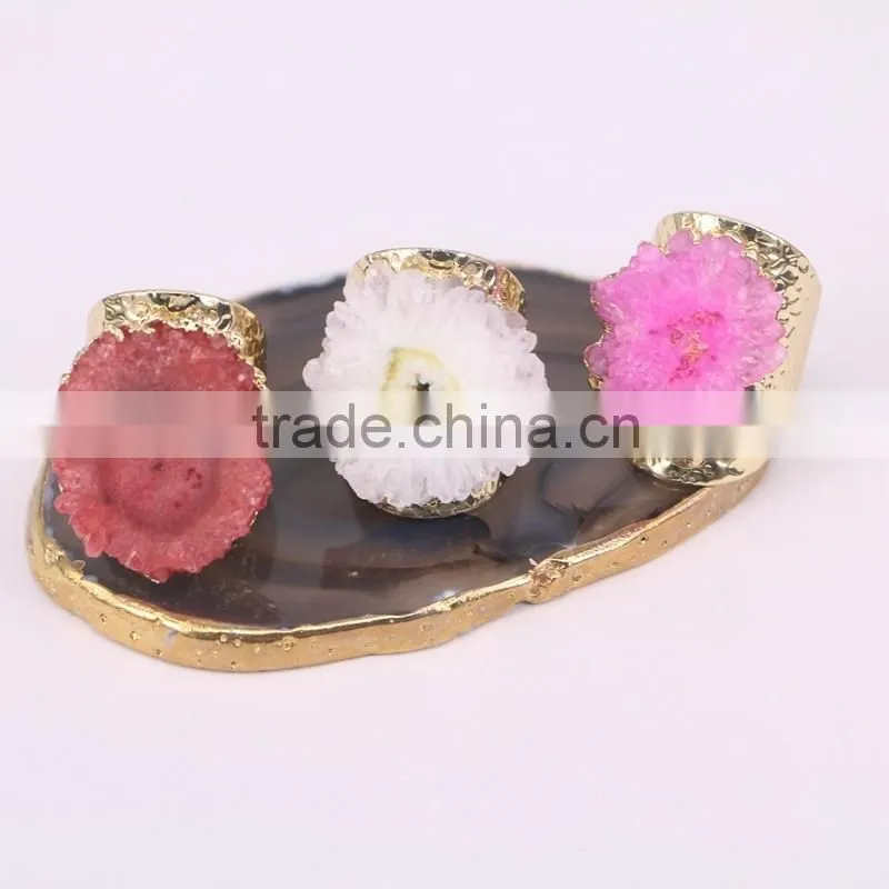 Sun Flower shape Solar Quartz Ring Golden Electroformed Freeform Druzy Gem stone Jewelry Rings