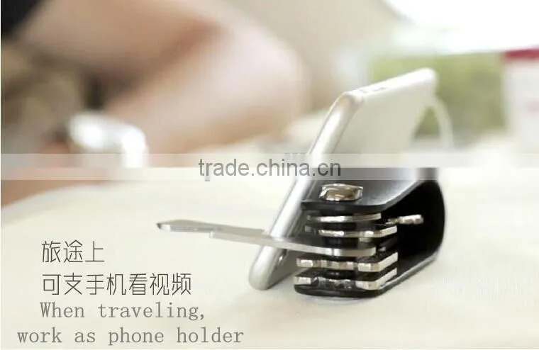 2016 New Arrival Multifunctional Keychain With Organizer/Bottle Opener/ Screwdriver/Phone Holder Cowhide Alloy Keychain