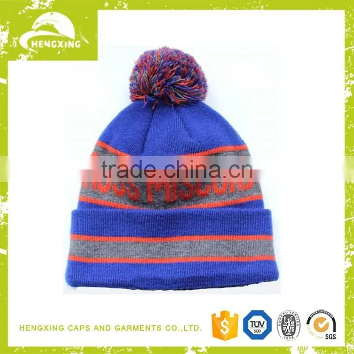 Custom print Wooly hat with bobble,winter pom poms decorate beanie hat