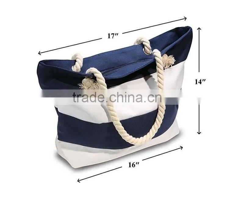Hot sell fashion canvas beach bag rope handle tote bag for women