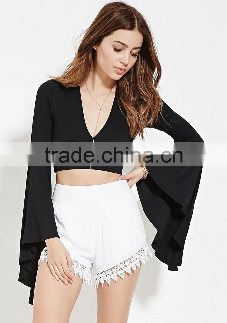 Women's fashion deep V neck sexy trumpet sleeve t shirt wholesale