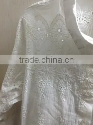 Embroidery floral chiffin white round neck long sleeve women blouse casual