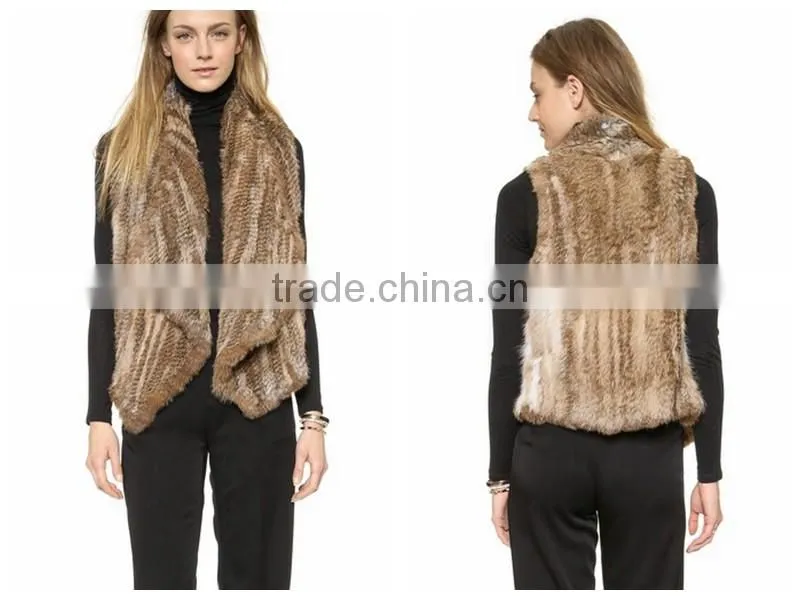 YR284 women yarn and real rabbit fur knitted vest with elastic
