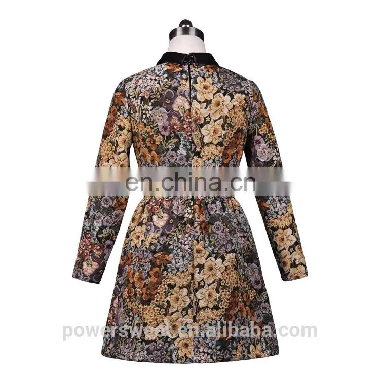 China Wholesale Latest Designs Leather Collar Long Sleeve Floral Print Dress