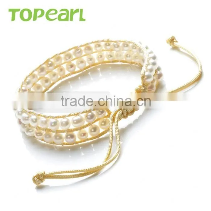 Topearl Jewelry Popular Potato Shape Freshwater Pearl Bracelet Woven Leather Wrap Fashion Bracelet 2016 CLL172