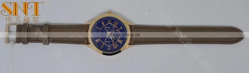 2016 Vogue Navy Sunray Dial With 3 Chrono Eyes Watch, Brown Strap Quartz Watch