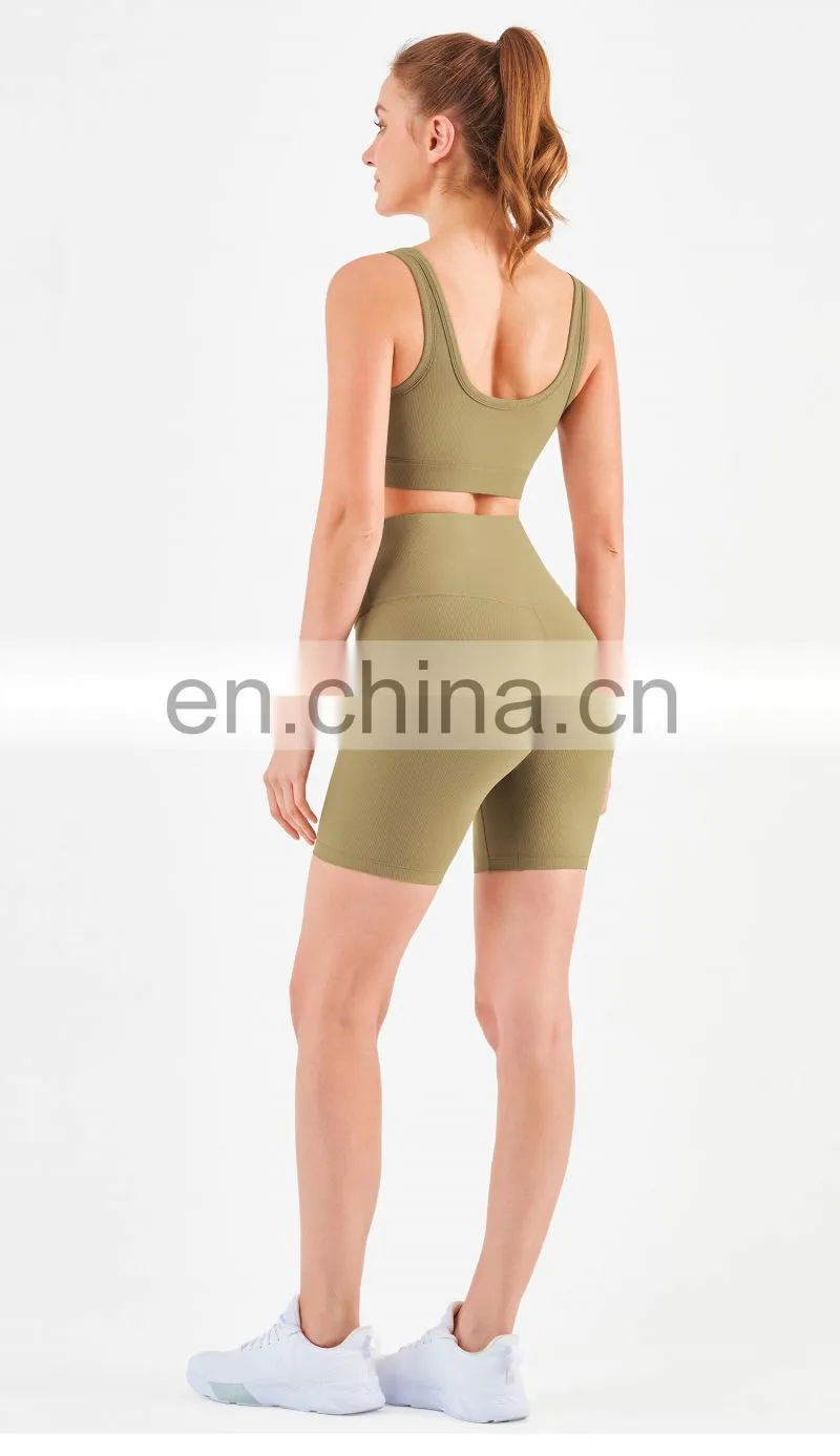 Athletic Ribbed Yoga Fitness Women Square Neckline Sports Bra Biker Shorts Set Gym