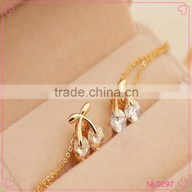 Cute Cherry Shaped Crystal Pendant Necklace With Long Chain Golden Necklace