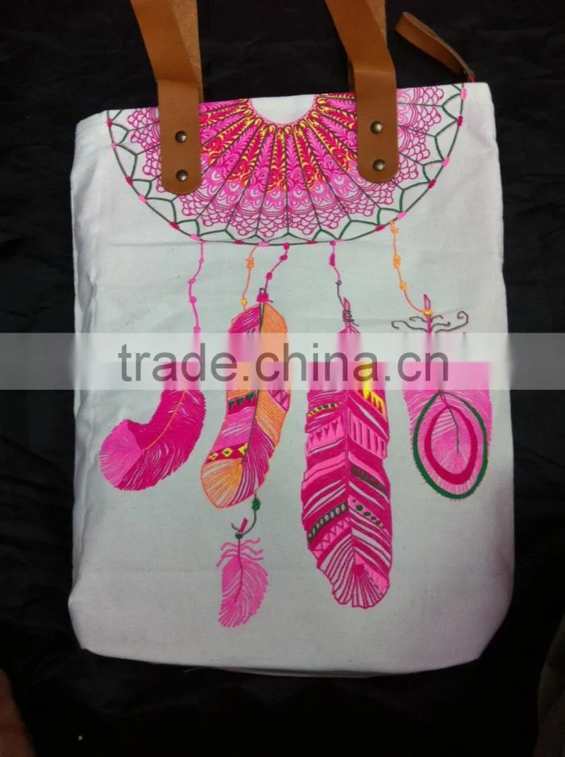 Hmong Indian tote neon white canvas bag feather pattern