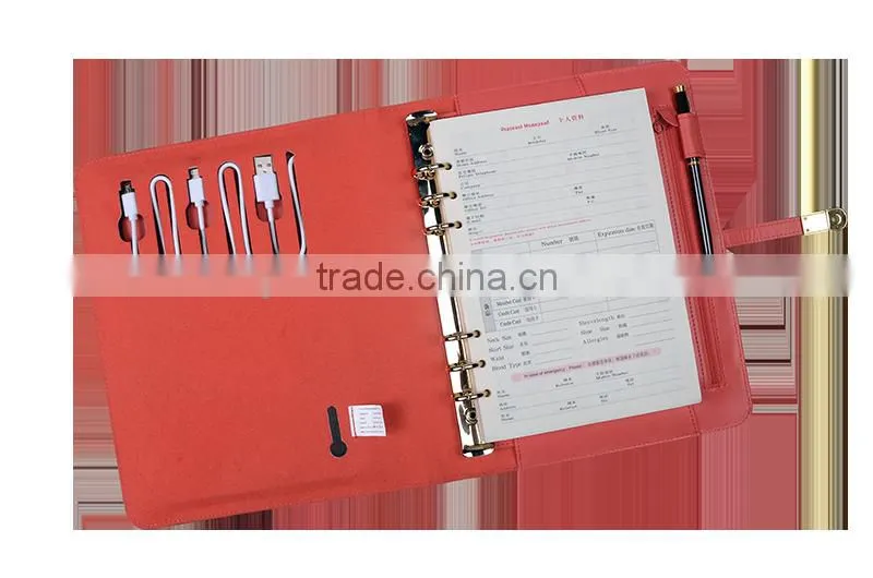 2016 Hot sell leather 6 ring binder notebook with power bank & usb disk