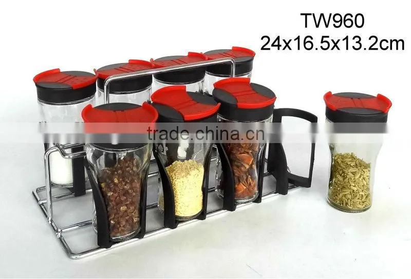 TW959 8pcs glass spice jar with metal casing and rack