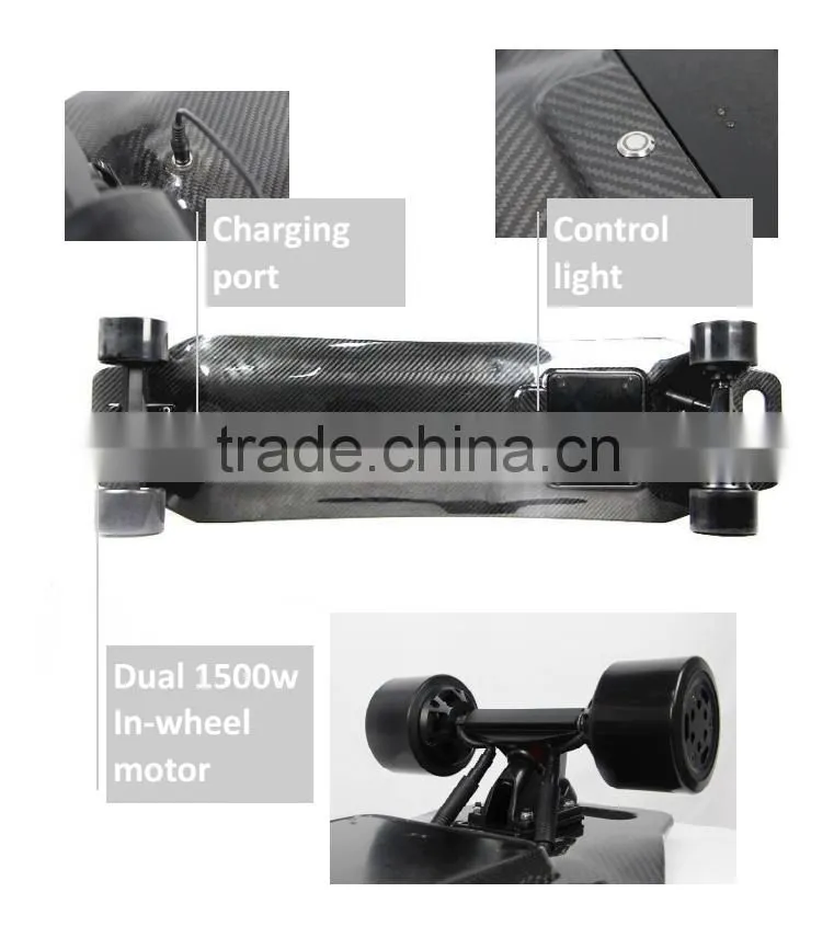 Carbon fiber e skateboard with dual 1500w in-wheel motor for adults