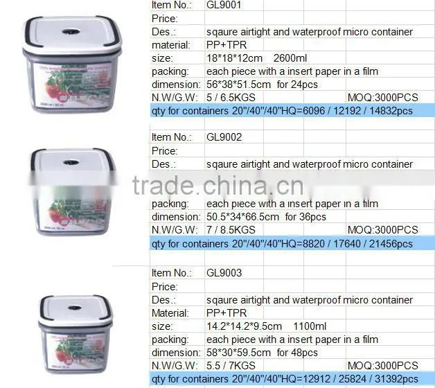 1700ml BPA free square airtight food storage container GL9002