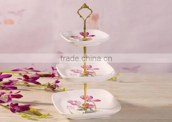 Ceramic Material Sunflower Decal Three Tiers Cake Plates with Metal Stand