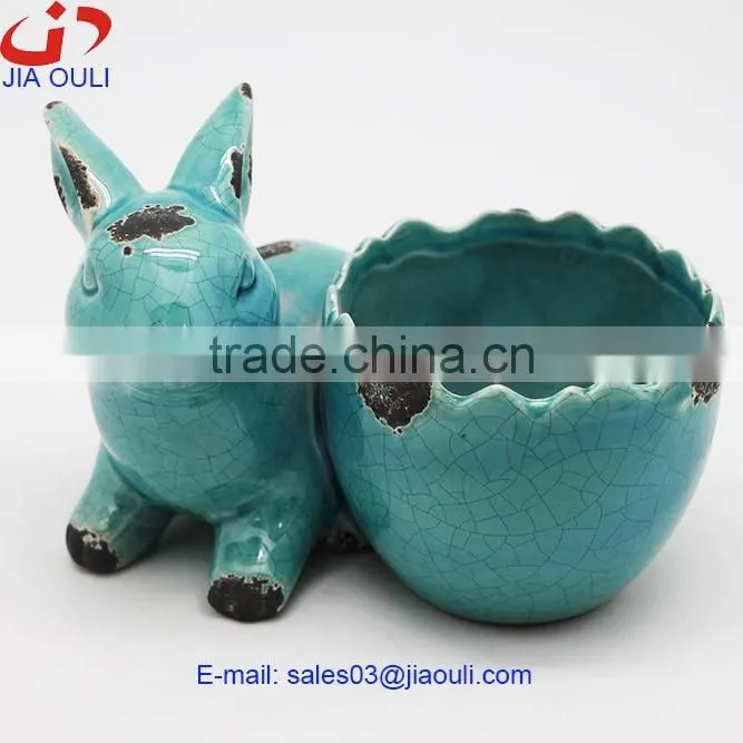 Popular sale EASTER decoration crackle glazed Ceramic Chicken planter