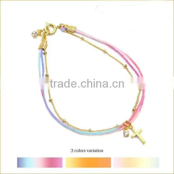 gold cross tiny zircon charms bracelet multi strand colorful thread gold chain bracelet