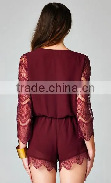 2015 new stylish sexy ladies Deep V neck open front romper playsuit lace sleeve short jumpsuit