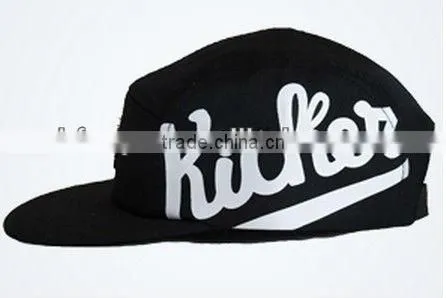 Long bill black hat with metal plate custom 5 panel adjustable cap