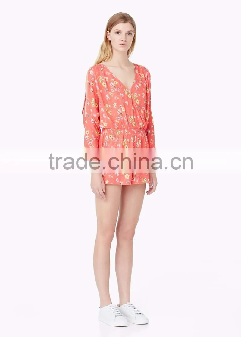 fashion shoulder design ladies v neck custom printing one piece jumpsuit for women