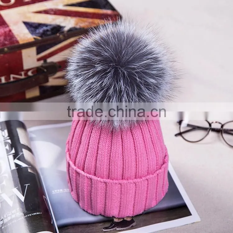 Hot Winter Colorful Snow Caps Wool Knitted Beanie Hat With real sliver fox Fur Pom Poms For Women Men Hip Hop Skullies Cap