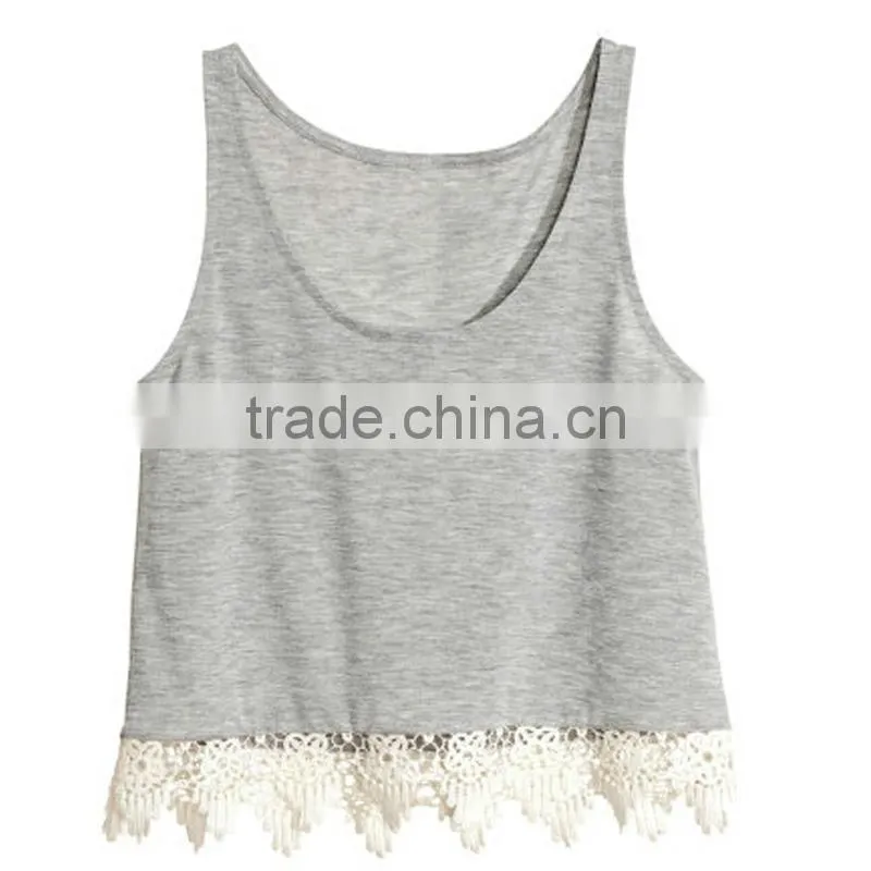2015 Fashion ladies lace top sleeves gray color cotton tank