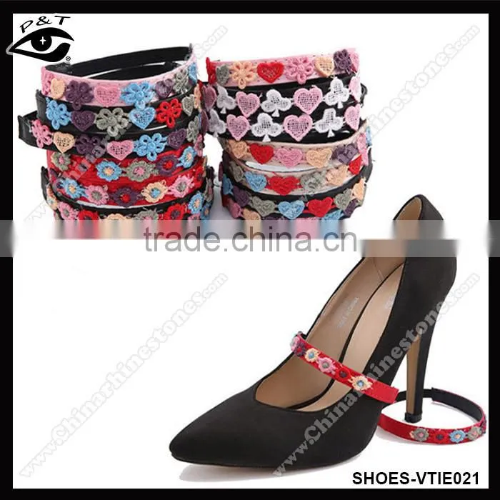 High quality Decorative Embroideried Lace Pattern Shoelace Elastic Shoe Straps For Women Shoes