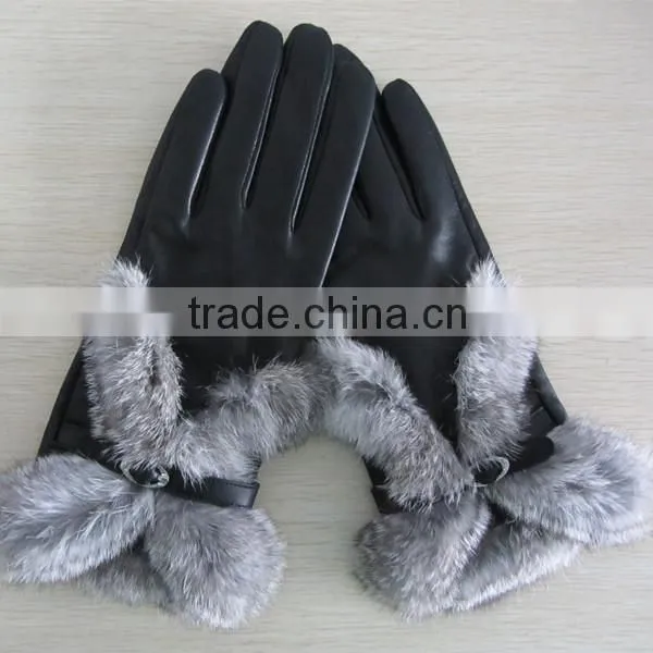 women high fashion rabbit fur leather glove