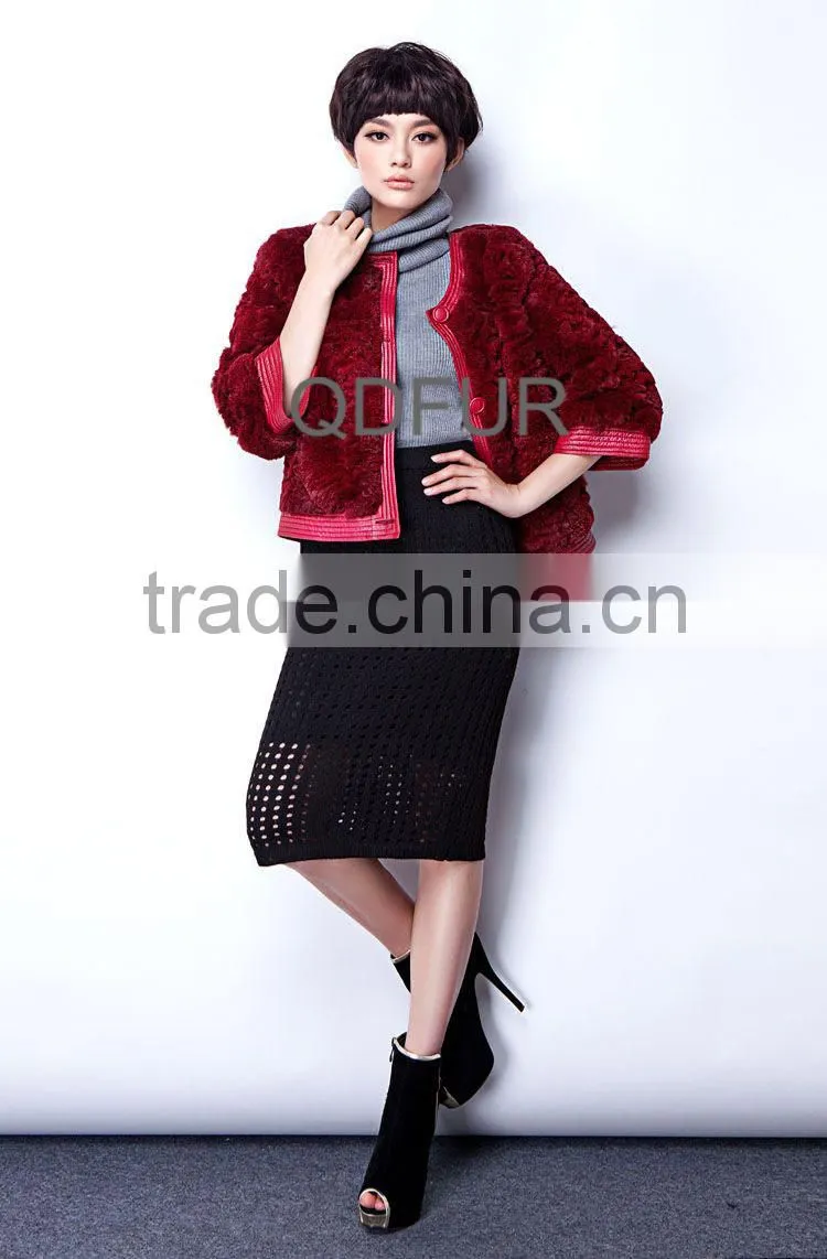 QD28321 Korea Style Rabbit Fur Jacket With Sheep Leather Trim