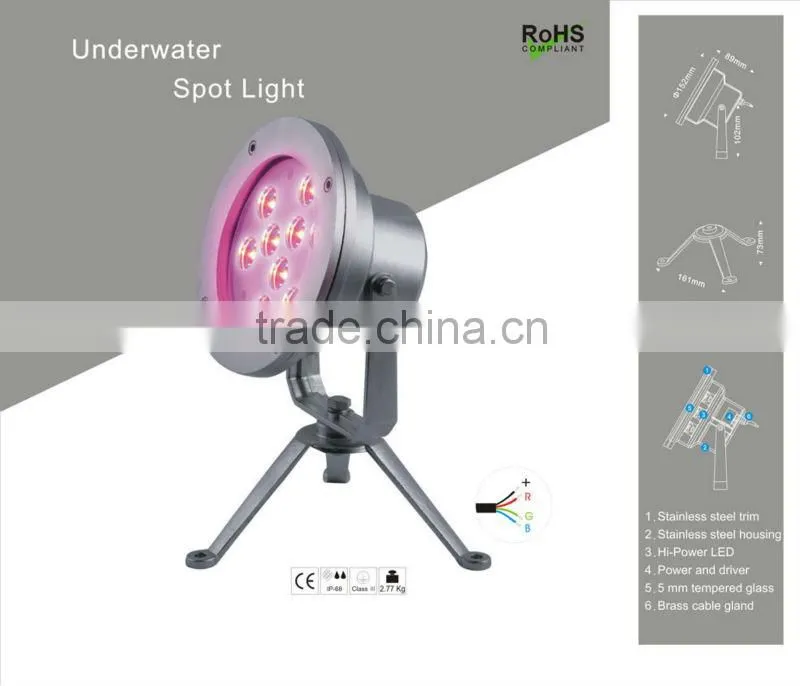 27W LED Underwater Flood Lamp RGB, 3 in 1, DC24V, Edison LED, 152*89mm, IP68, With stents