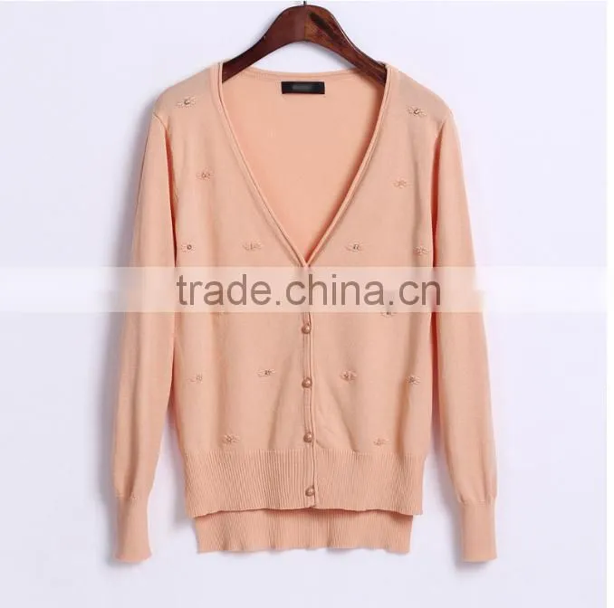 2014 new style woman pearl clasp v-neck cardigan