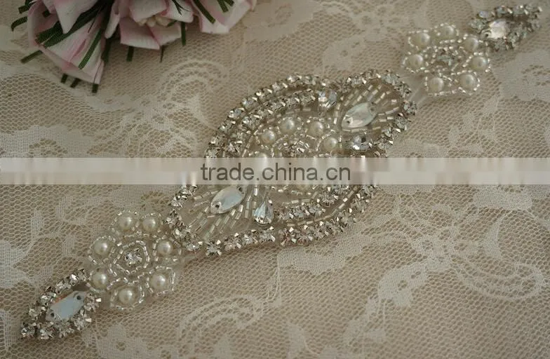 New Design Bridal Beaded Rhinestone Trimming Applique For Wedding Sash Crystal Bridal Applique For Wedding Dress