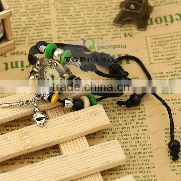 fashion retro design leather bracelet wholesale vintage style black leather bracelet watch
