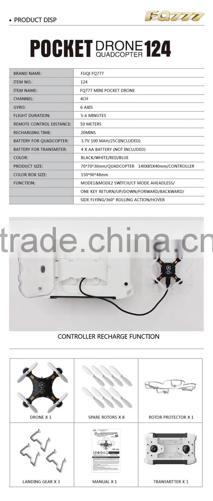 FQ777 -124 Pocket Drone Quadcopter With Switchable Controller