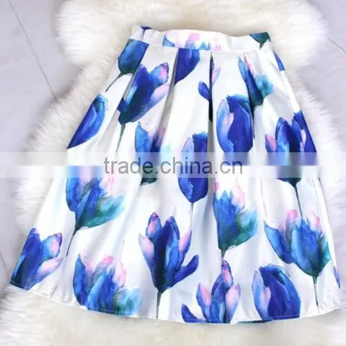 Women Fashion Retro Elegant Elastic High Waist Zipper Flower Print Pleated Midi Skirt