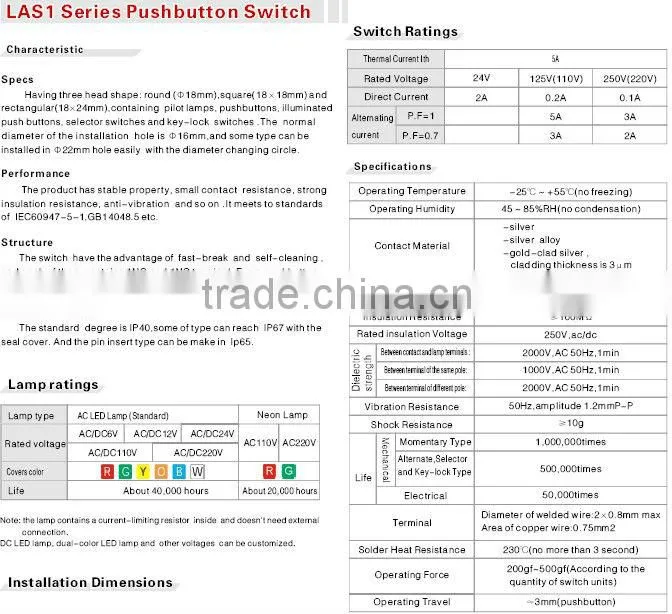 ONPOW Push button switch(LAS1 Series,Dia.16mm,UL,CE,ROHS,REECH,IP65,Anti vandal)