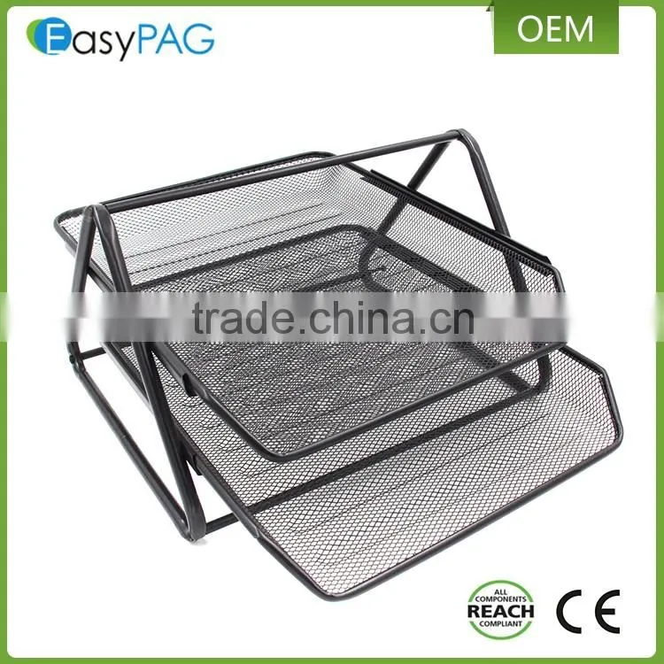 Triangle support 2 tier black metal mesh desk office file magazine rack