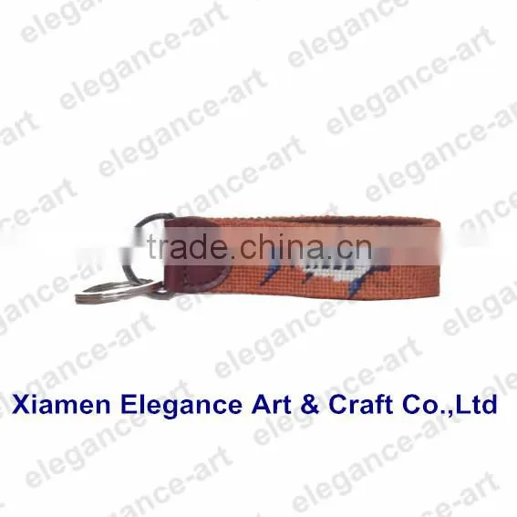 Elephant red needlepoint key chain bachede with genuine cowhide leather