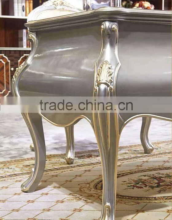 European Style Luxury Executive Office Desk, Classic Wood Carving Writing Table, Silver Foil Home Office Furniture (BF01-ML019)