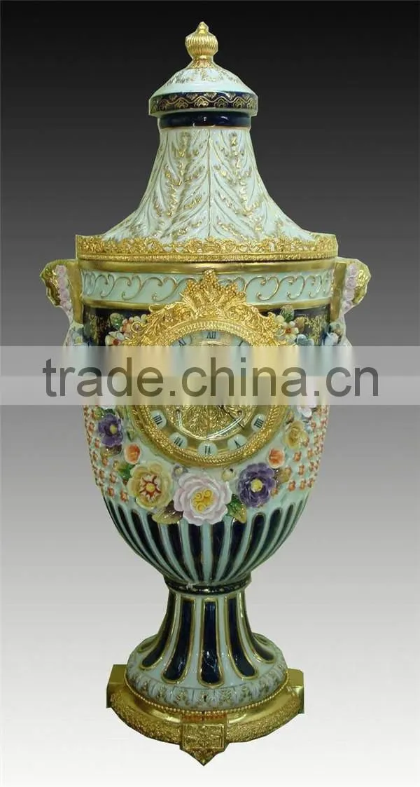 Exquisite Flower and Bird Design Ceramic and Brass Table Clock, Elegant Embedded Urn Jar Table Clock