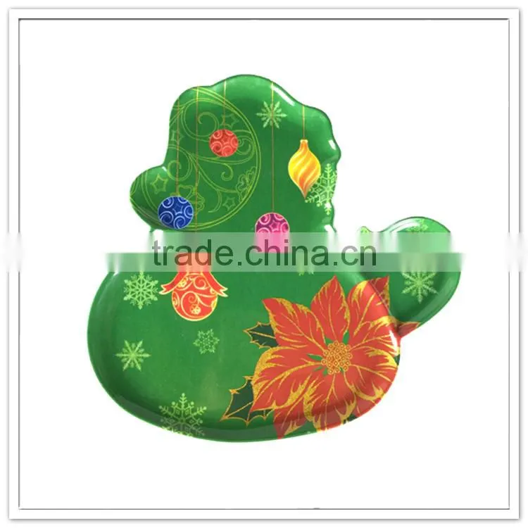 FDA pass holiday green snowman shaped christmas melamine plate, decorative christmas plates