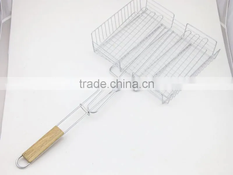 Outdoor Barbecue Nonstick Hamburger Grilling Basket With Wood Handle