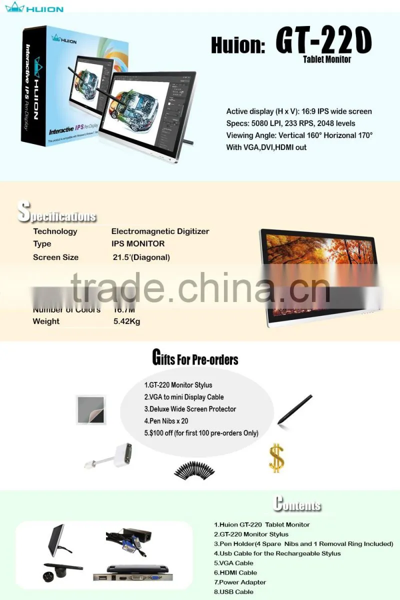 Huion GT-220 interactive lcd graphic pen display drawing tabket