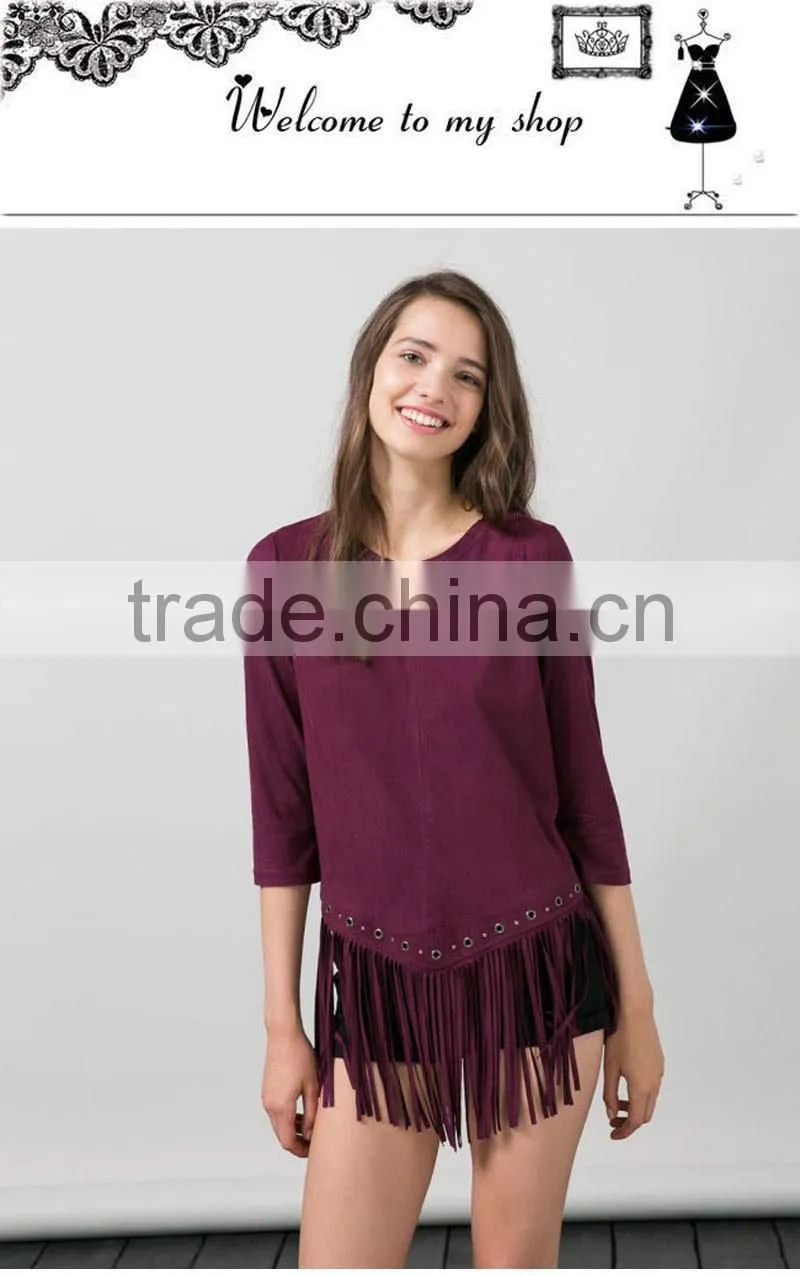 Trendy Faux Suede Retro Fringed Tassels Blouse Perforate Hem Shirt T-Shirt