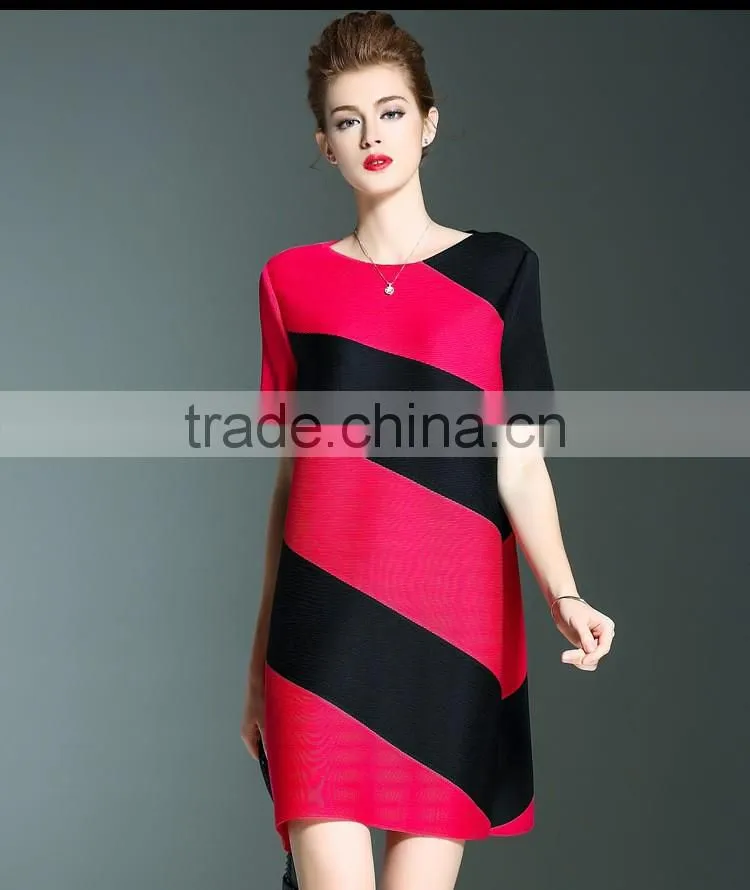 Online shop women twill printed O neck pleated dresses